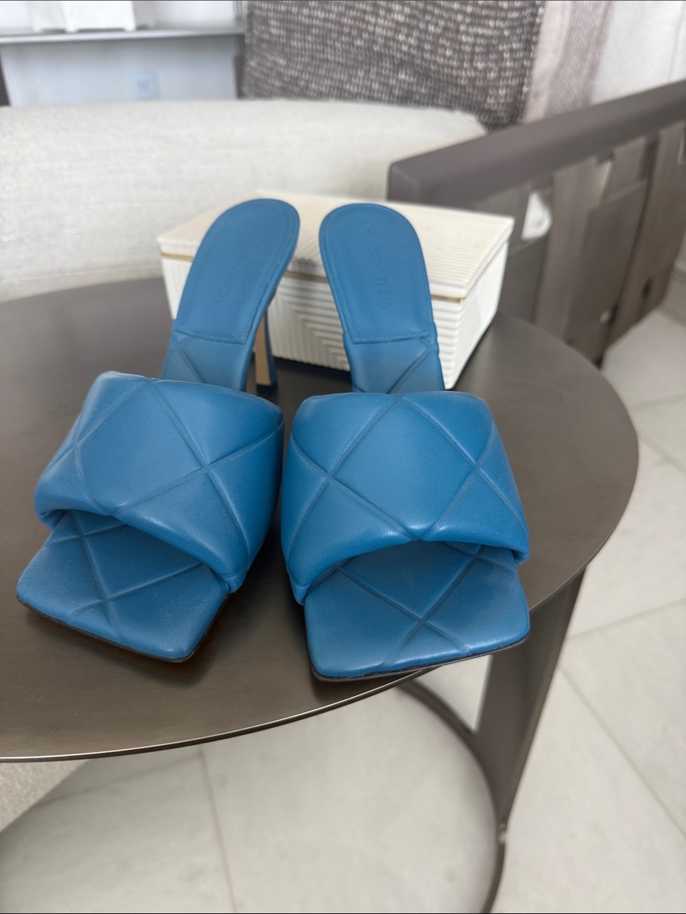 Bottega Veneta Teal Quilted Slide Heels